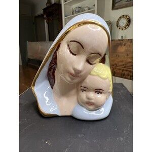 Vintage Ceramic Blessed Mother With Child Statue - Lt. Blue With Gold Trim